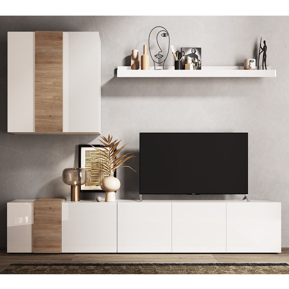 Venice White High Gloss Living Room Furniture Set In Cadiz Oak