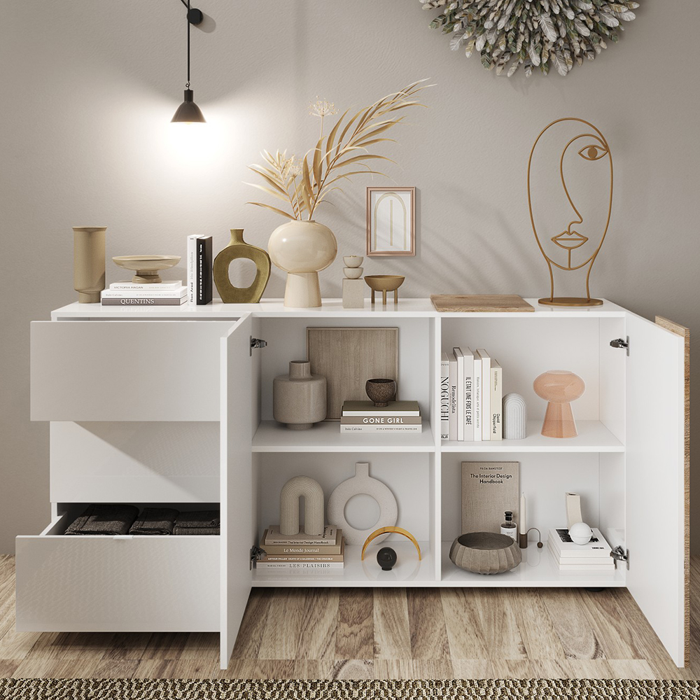 Venice White High Gloss Sideboard 2 Doors 3 Drawers In Cadiz Oak