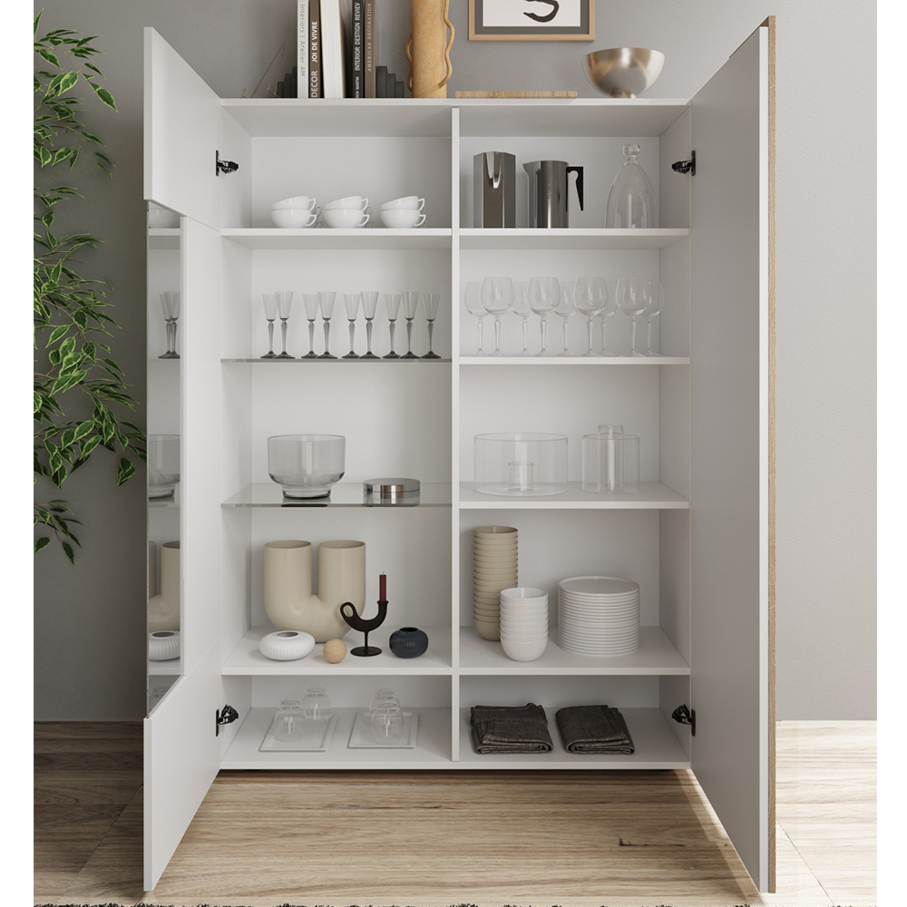 Venice White High Gloss Display Cabinet 2 Doors In Cadiz Oak