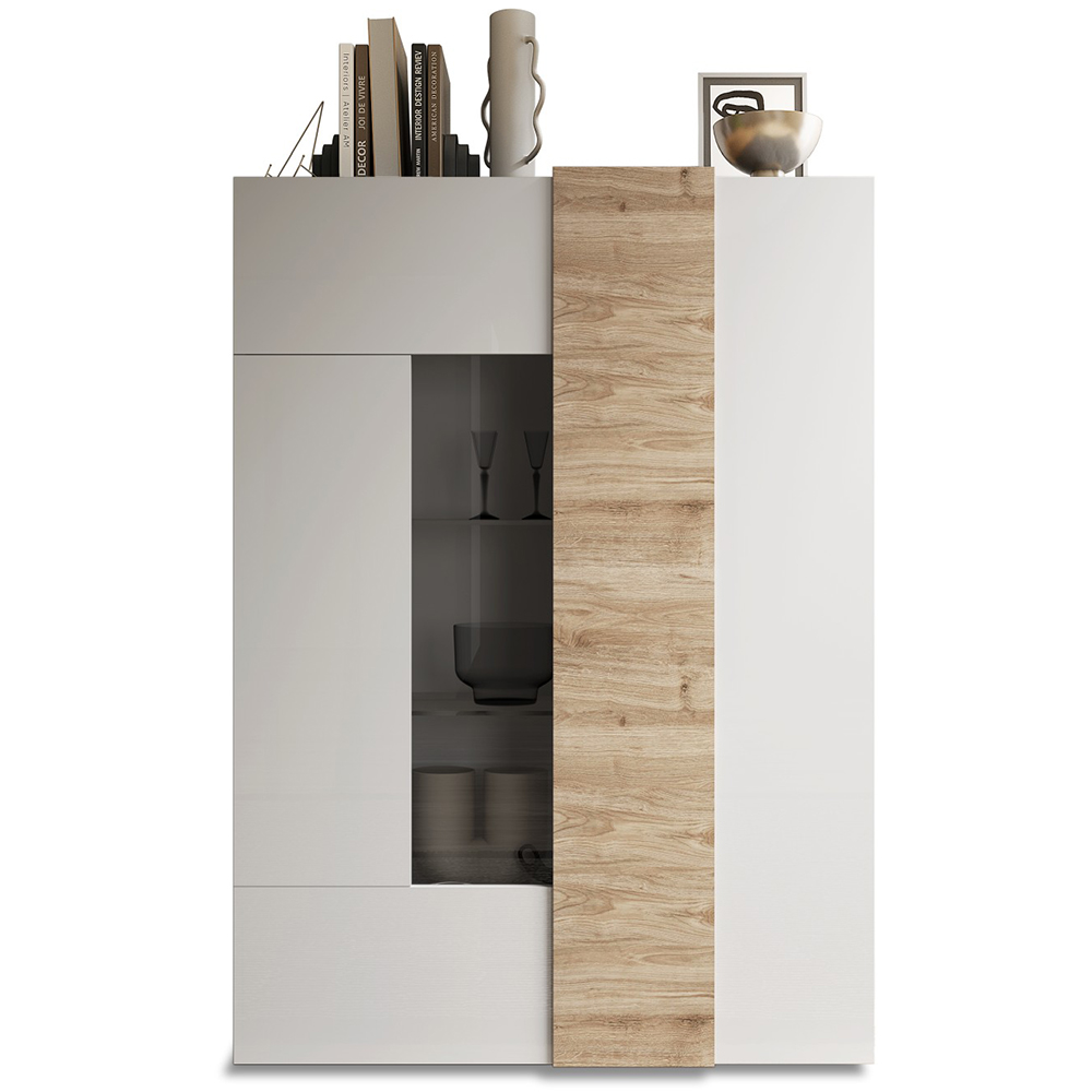 Venice White High Gloss Display Cabinet 2 Doors In Cadiz Oak
