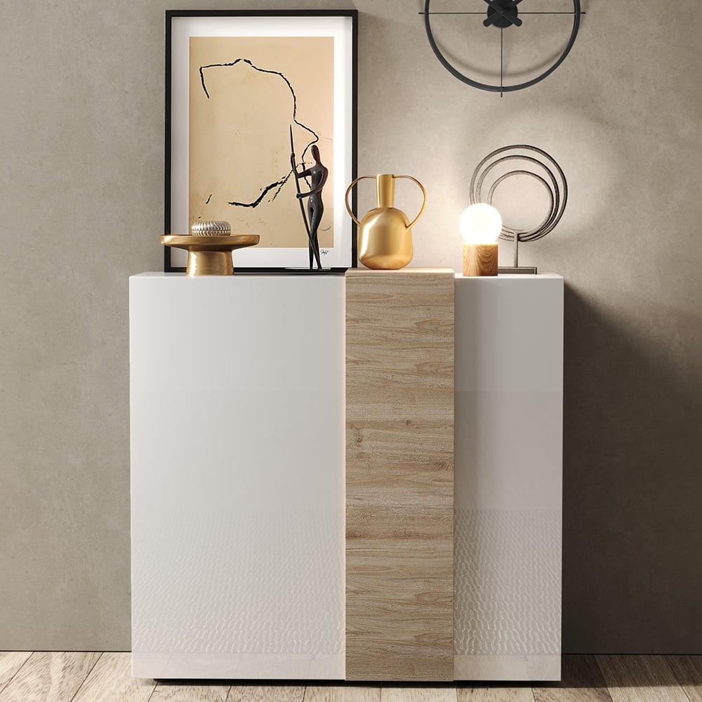 Venice White High Gloss Highboard 2 Doors In Cadiz Oak