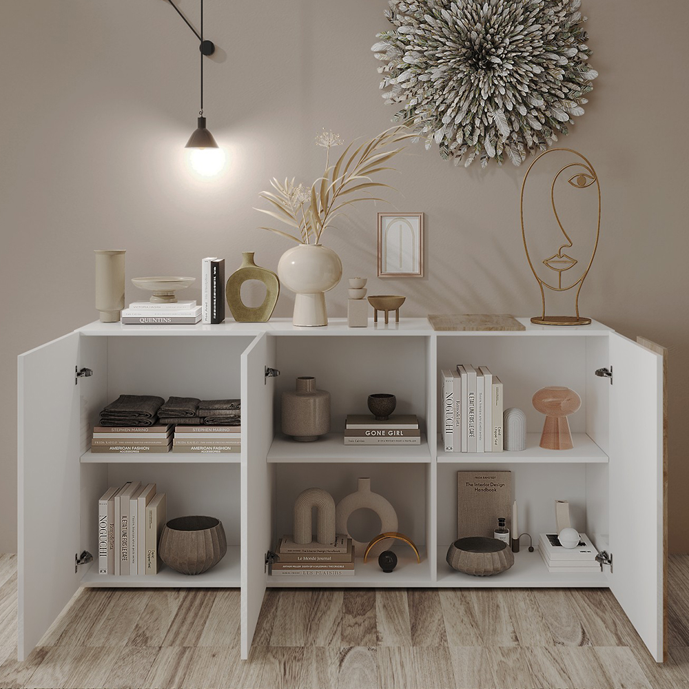 Venice White High Gloss Sideboard 3 Doors In Cadiz Oak