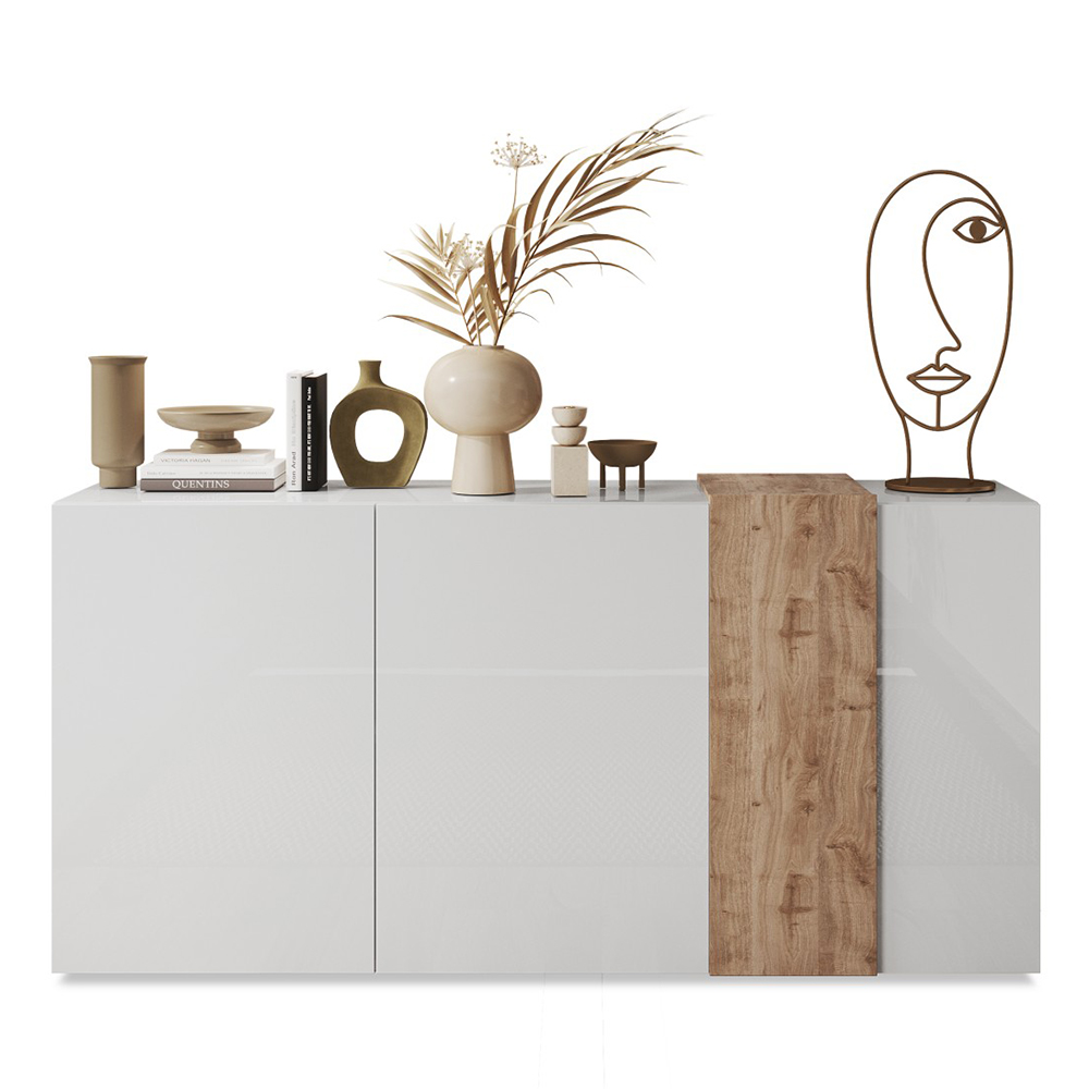 Venice White High Gloss Sideboard 3 Doors In Cadiz Oak