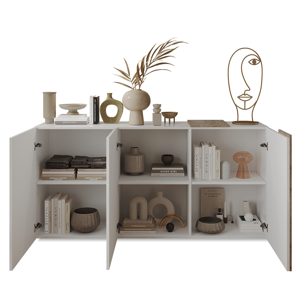 Venice White High Gloss Sideboard 3 Doors In Cadiz Oak
