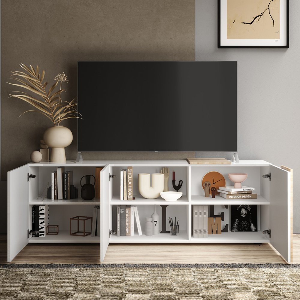 Venice White High Gloss TV Stand 3 Doors In Cadiz Oak