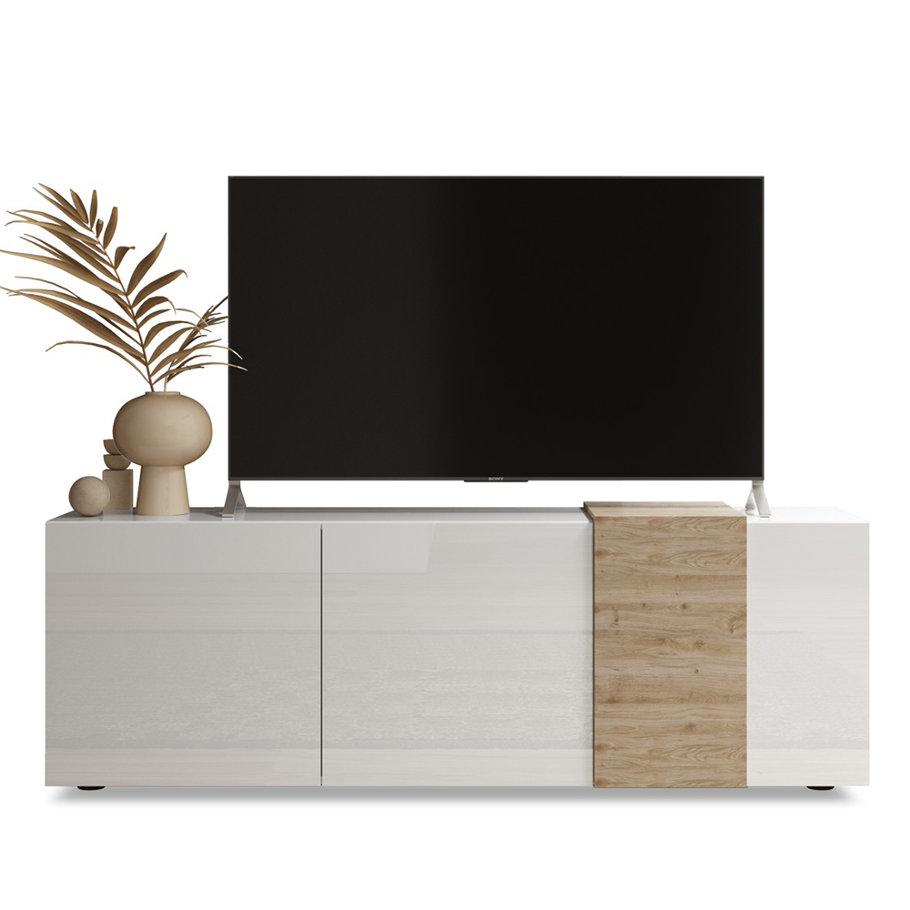 Venice White High Gloss TV Stand 3 Doors In Cadiz Oak