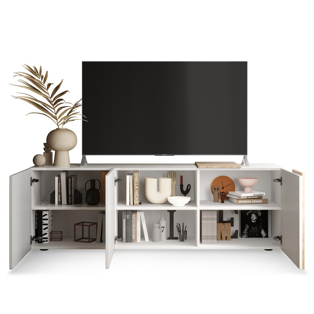 Venice White High Gloss TV Stand 3 Doors In Cadiz Oak