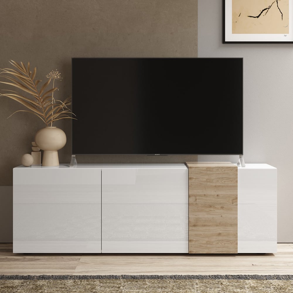 Venice White High Gloss TV Stand 3 Doors In Cadiz Oak