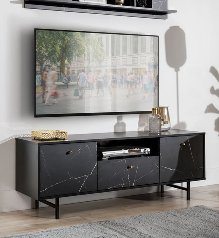Venice Wooden TV Stand 2 Doors 1 Drawer In Black Marble Effect