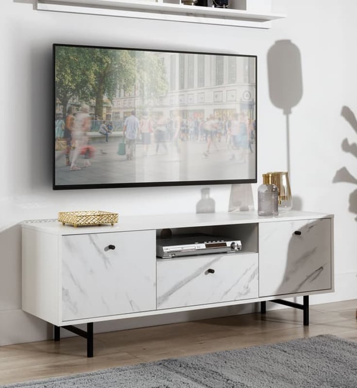 Venice Wooden TV Stand 2 Doors 1 Drawer In White Marble Effect