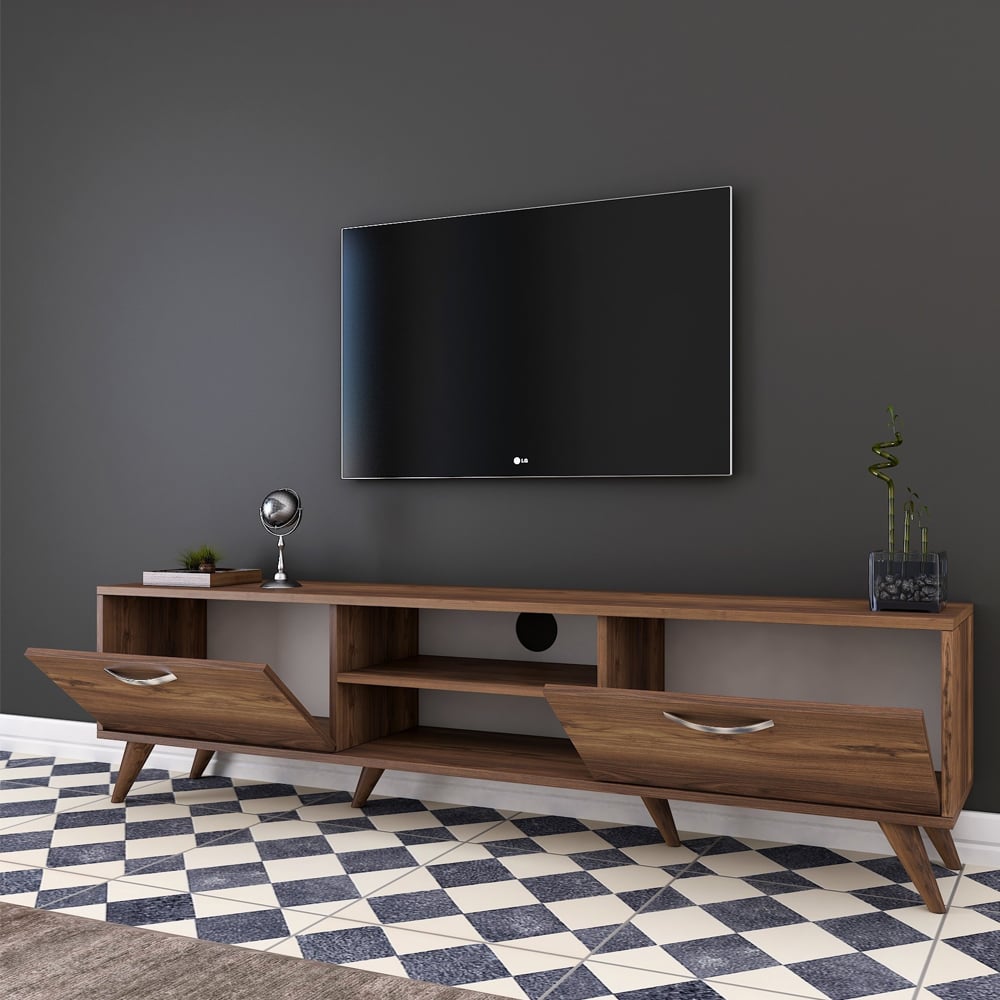 Vensaro Wooden TV Stand With 2 Flap Doors In Walnut
