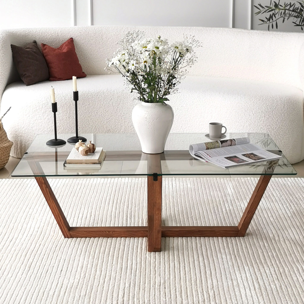 Verado Coffee Table With Tempered Glass Top With Solid Pine Wood Frame Walnut
