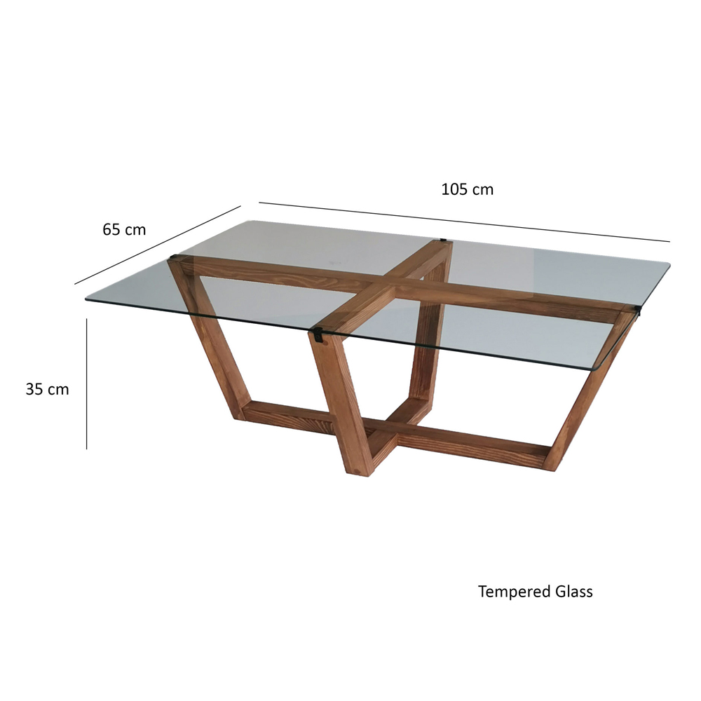 Verado Coffee Table With Tempered Glass Top With Solid Pine Wood Frame Walnut
