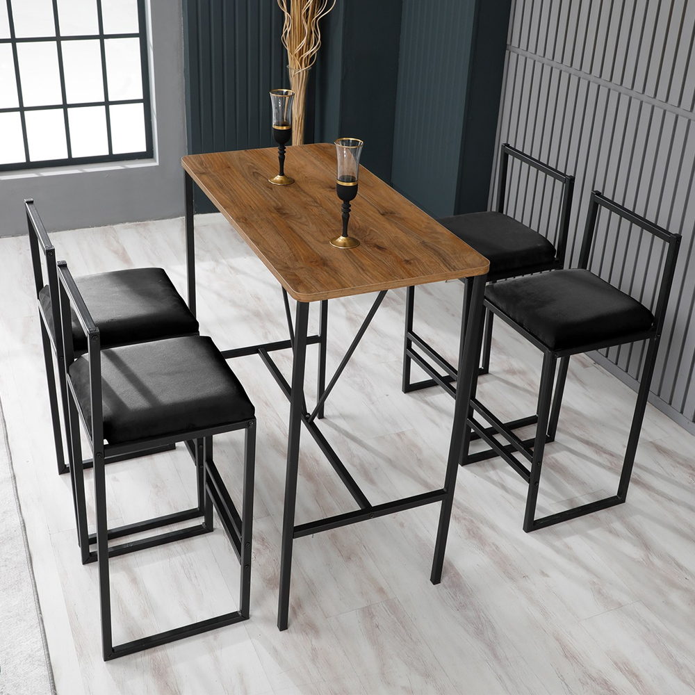 Verano Wooden Bar Table with 4 Black Stools in Walnut