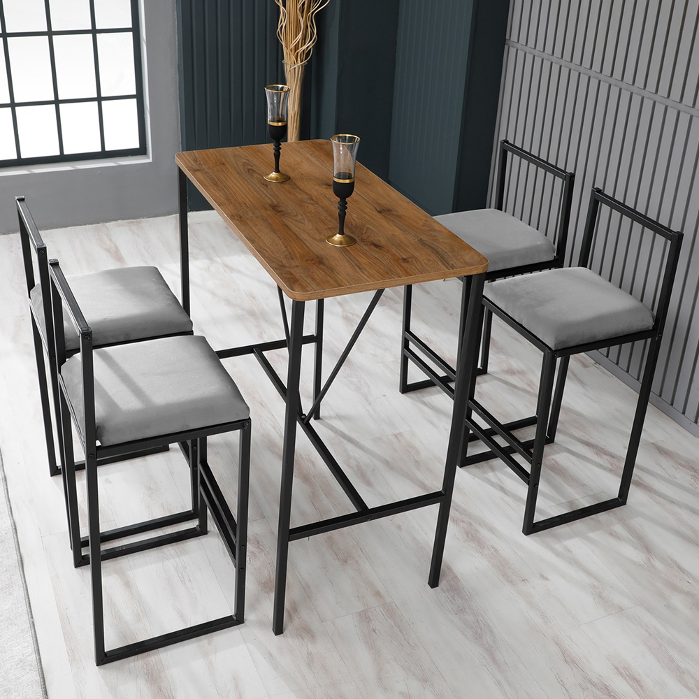 Verano Wooden Bar Table with 4 Grey Stools in Walnut