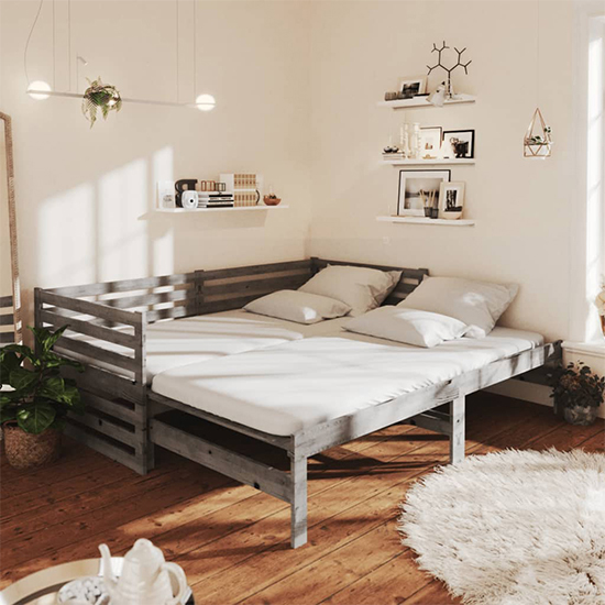 Veras Solid Pinewood Pull-Out Single Day Bed In Grey
