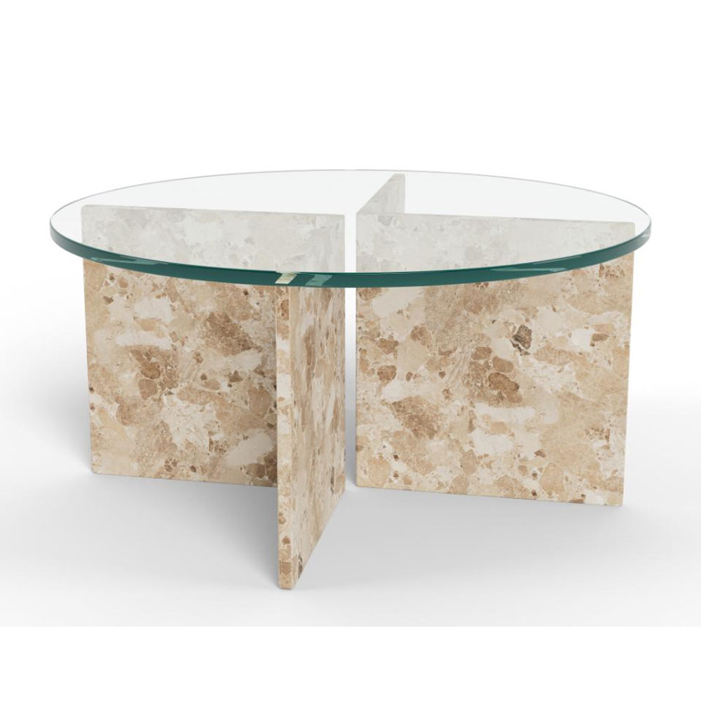 Verdun Clear Tempered Glass Top Coffee Table with Matt Latte Brown Lacquered Marble Base