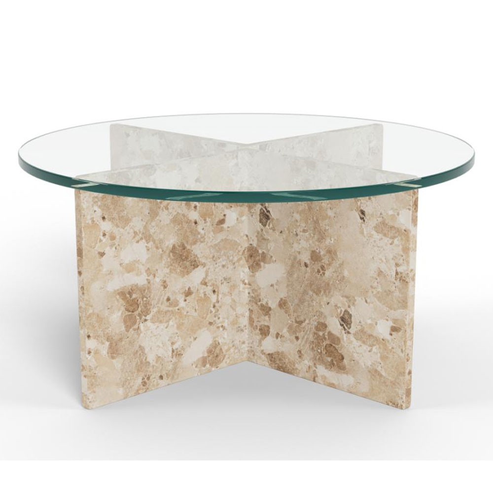 Verdun Clear Tempered Glass Top Coffee Table with Matt Latte Brown Lacquered Marble Base