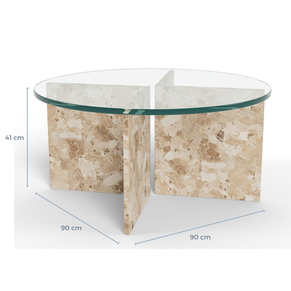 Verdun Clear Tempered Glass Top Coffee Table with Matt Latte Brown Lacquered Marble Base