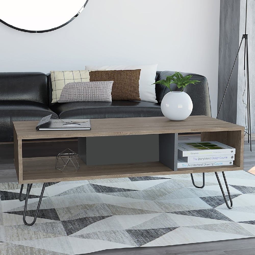 Read more about Veritate wooden coffee table with black legs in oak and grey
