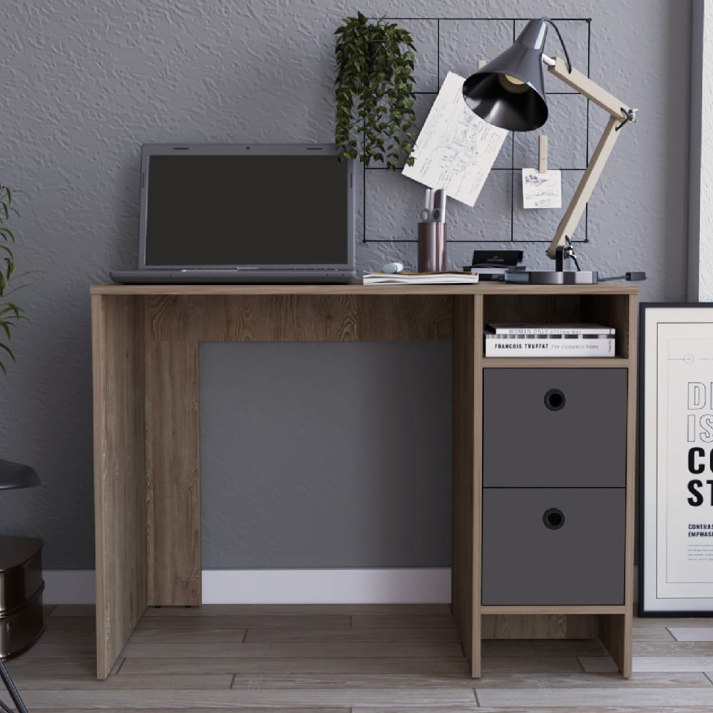 Read more about Veritate wooden laptop desk with 2 drawers in oak and grey