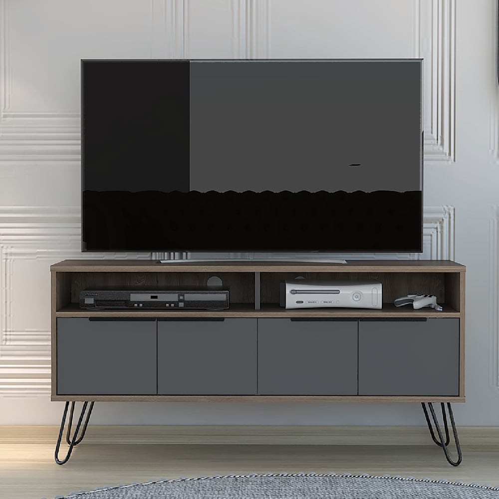 Read more about Veritate wooden tv stand with 4 doors in brown and grey