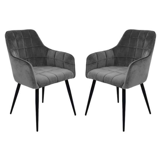 Photo of Vernal grey velvet dining chairs with black legs in pair