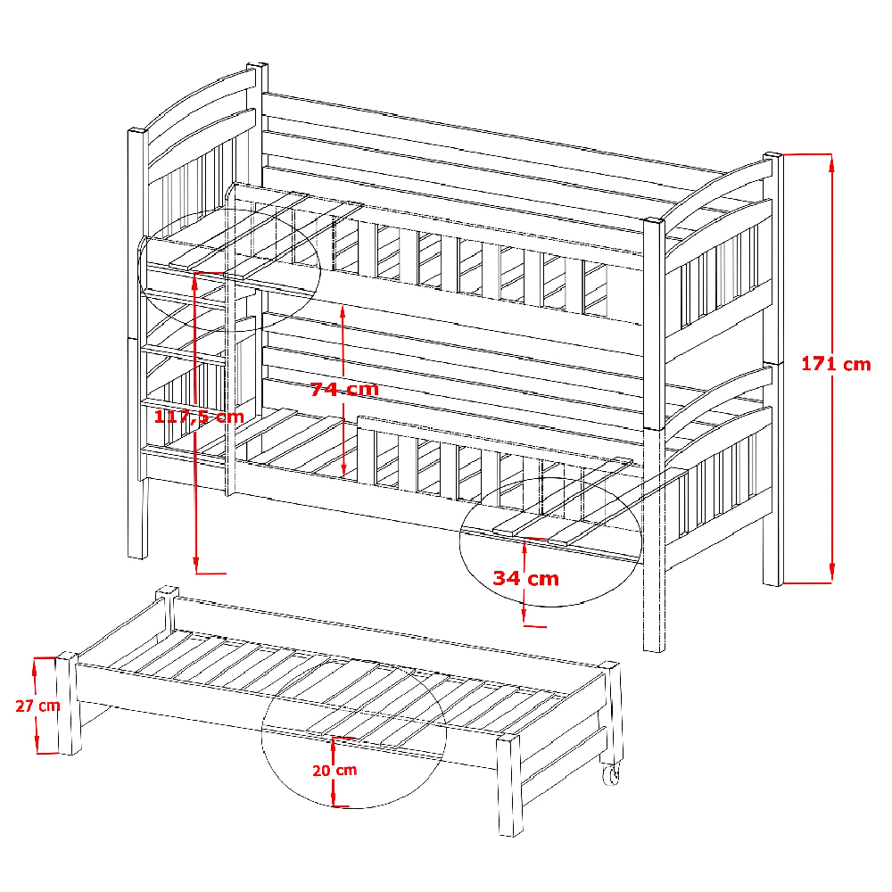 Vernal Wooden Bunk Bed Without Mattress And Trundle In White