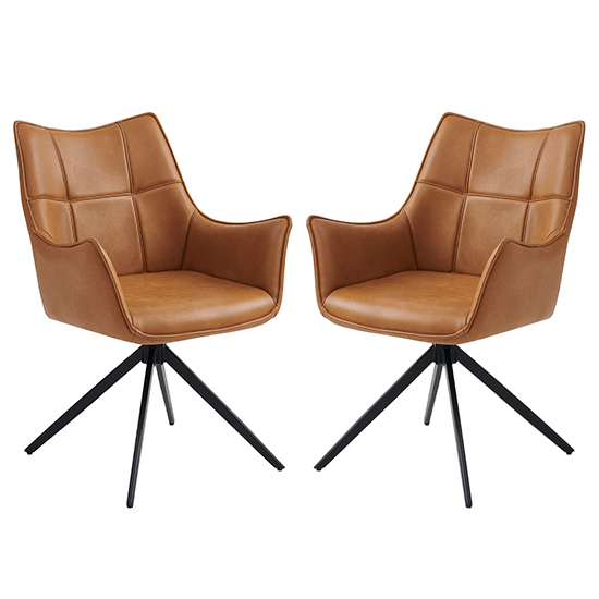 Read more about Vernon tan faux leather dining armchairs in pair