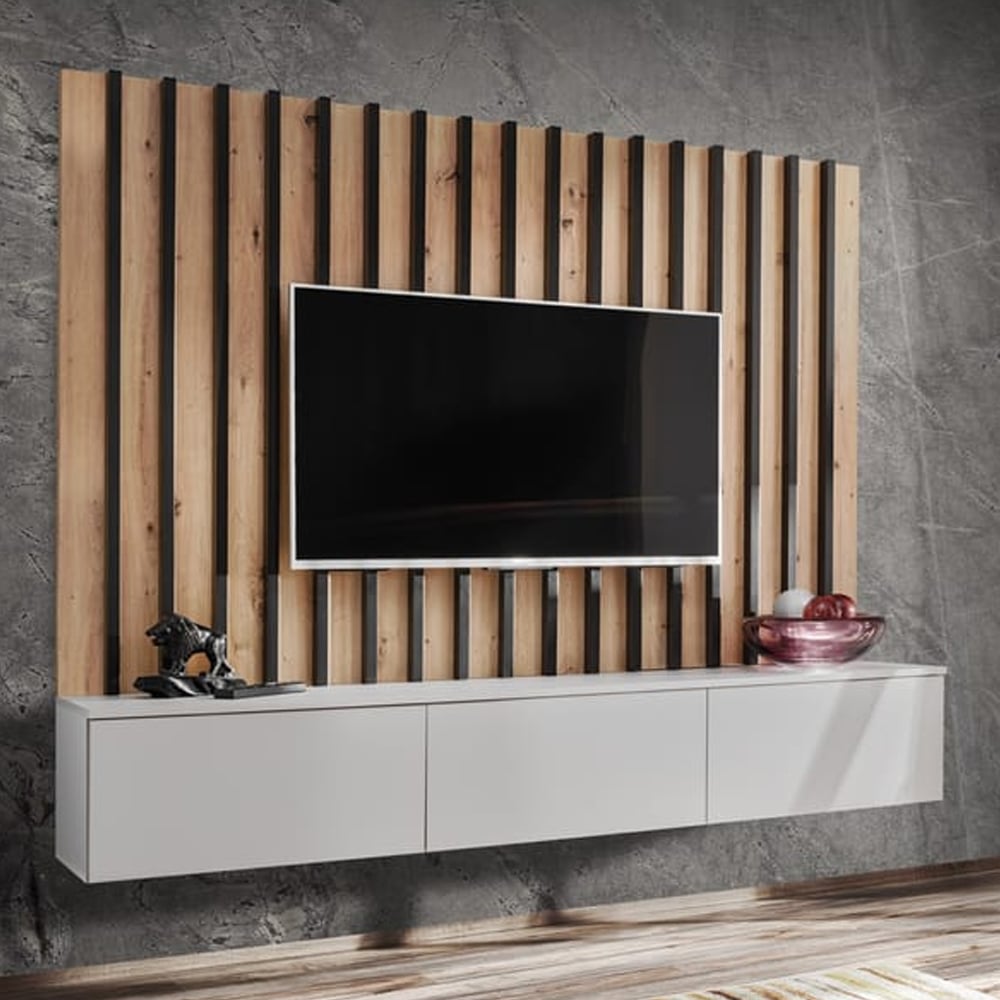 Vernon Wooden Entertainment Unit In Pearl Grey And Artisan Oak