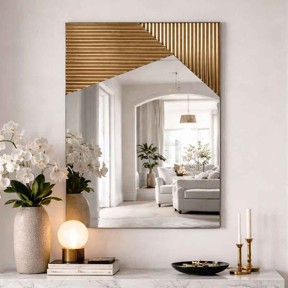Vertex Ribbed Glass Wall Mirror with Bronze Wooden Frame