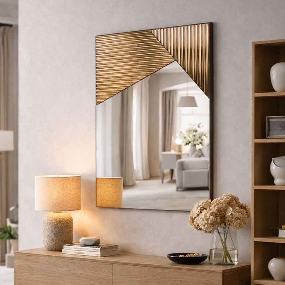 Vertex Ribbed Glass Wall Mirror with Bronze Wooden Frame