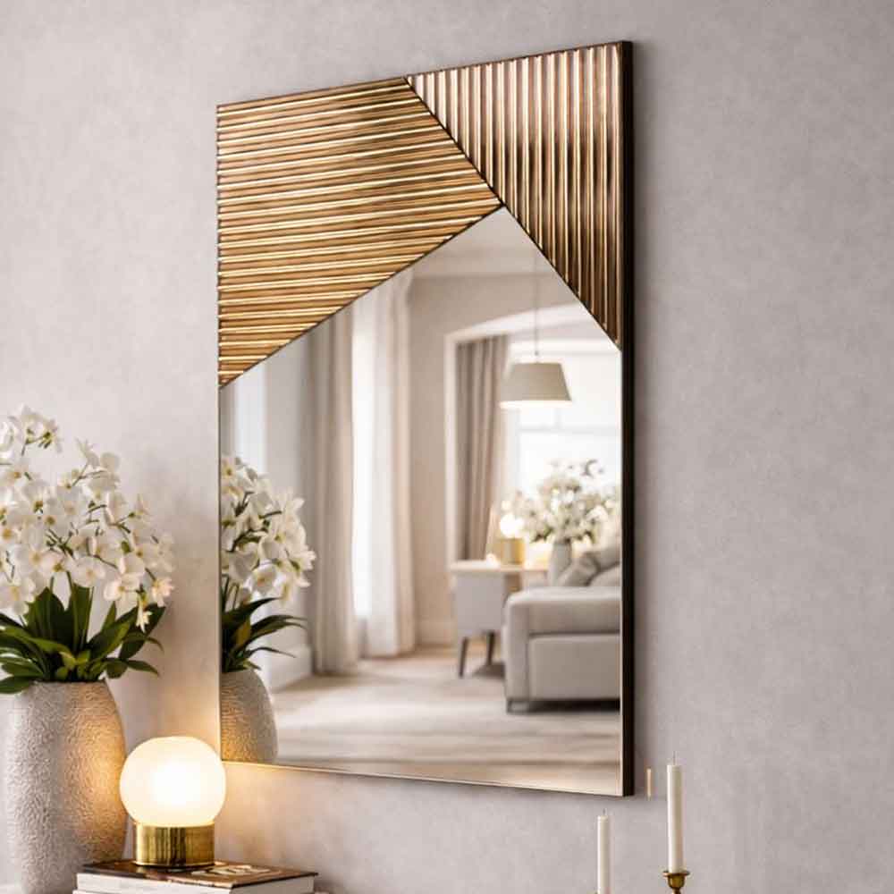 Vertex Ribbed Glass Wall Mirror with Bronze Wooden Frame