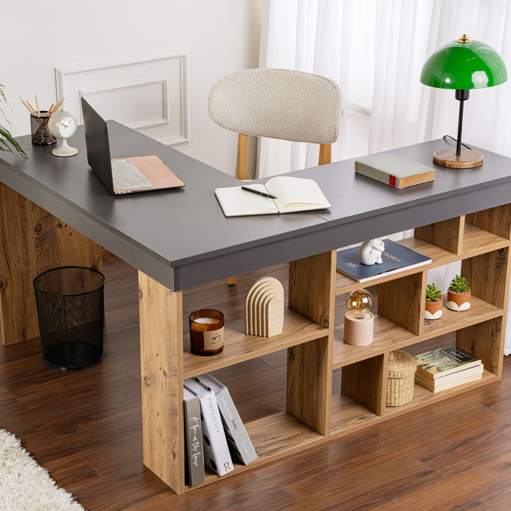 Vespen Corner Wooden Computer Desk in Anthracite and Atlantic Pine