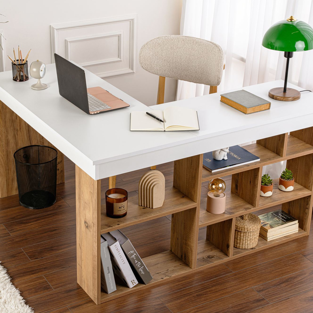 Vespen Corner Wooden Computer Desk in Atlantic Pine and White