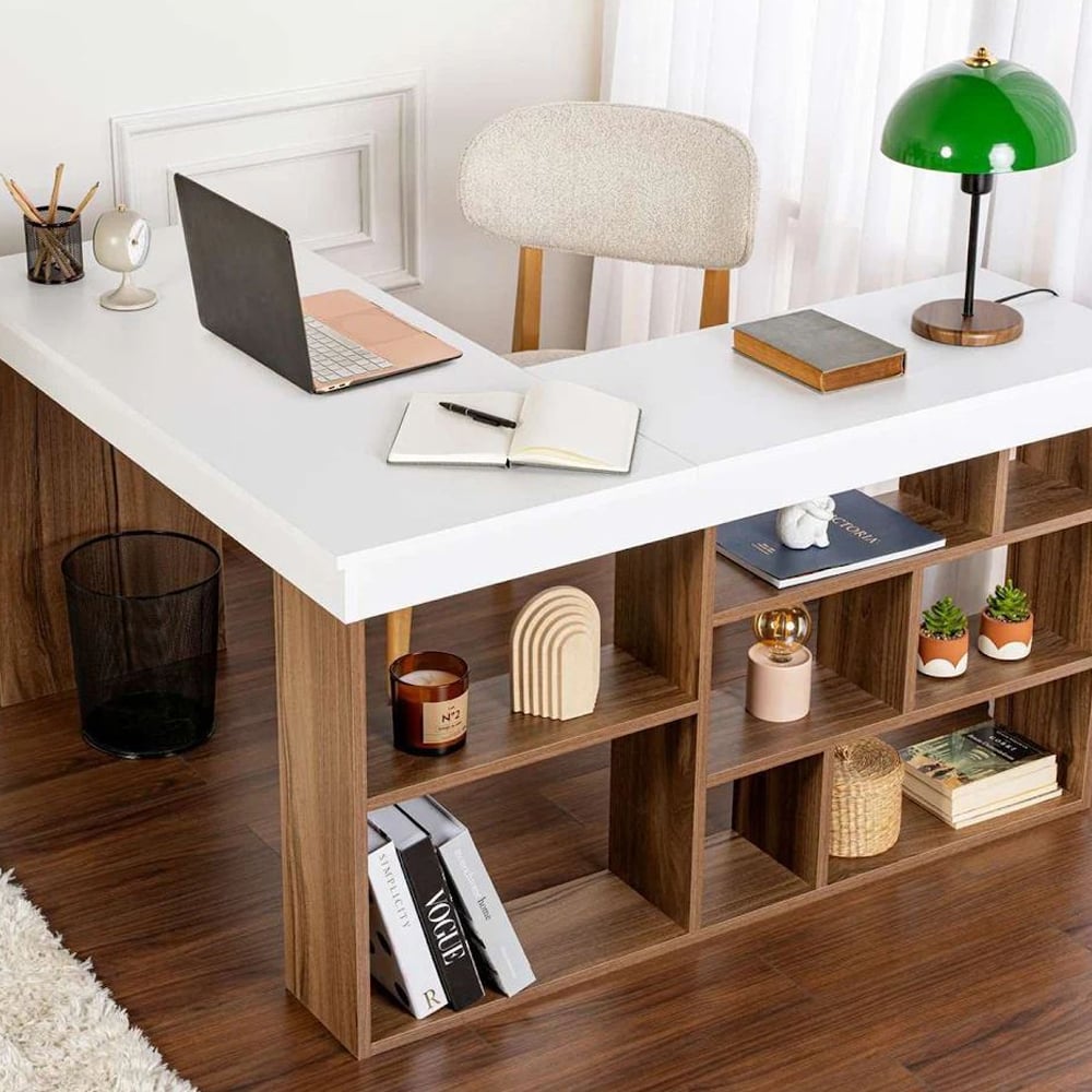 Vespen Corner Wooden Computer Desk in Walnut and White