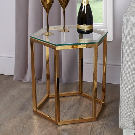 Product photograph of Vestal Clear Glass End Table Hexagon With Gold Frame from Furniture in Fashion