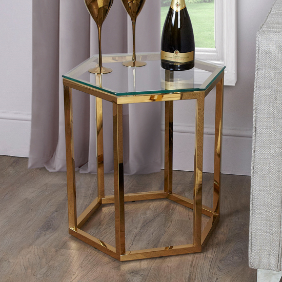 Vestal Clear Glass End Table Hexagon With Gold Frame Furniture in Fashion