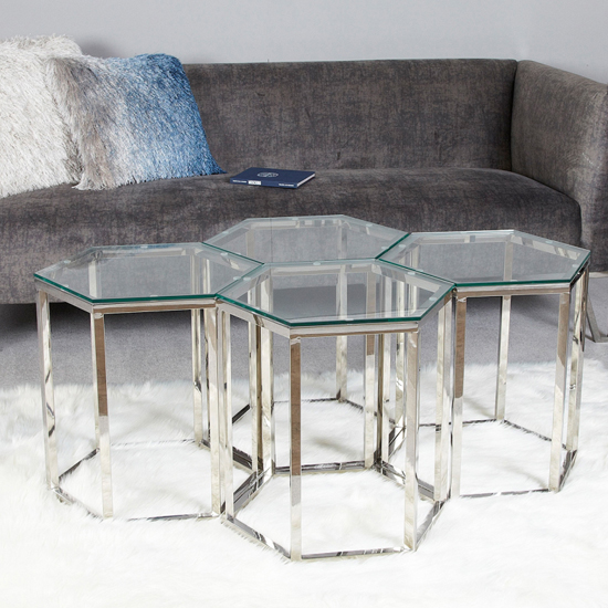 Vestal Clear Glass End Table Hexagon With Silver Frame Furniture in