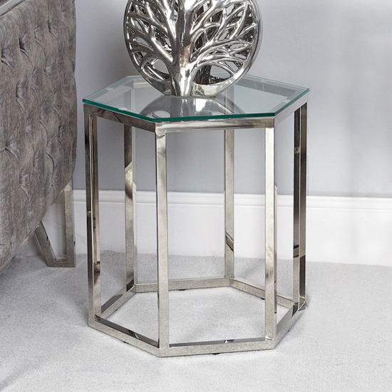Photo of Vestal clear glass end table hexagon with silver frame