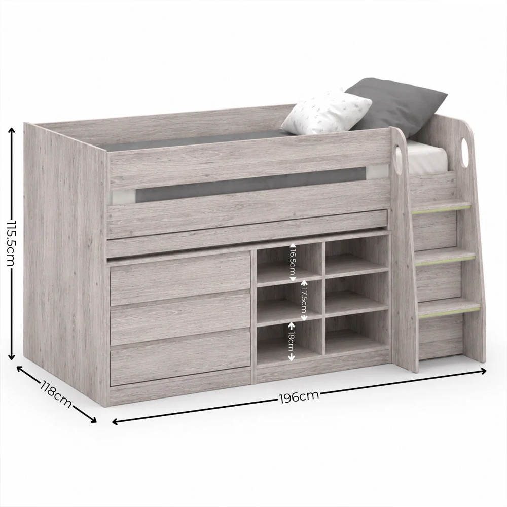 Vestal Wooden Midsleeper Bed with Storage in Grey Oak