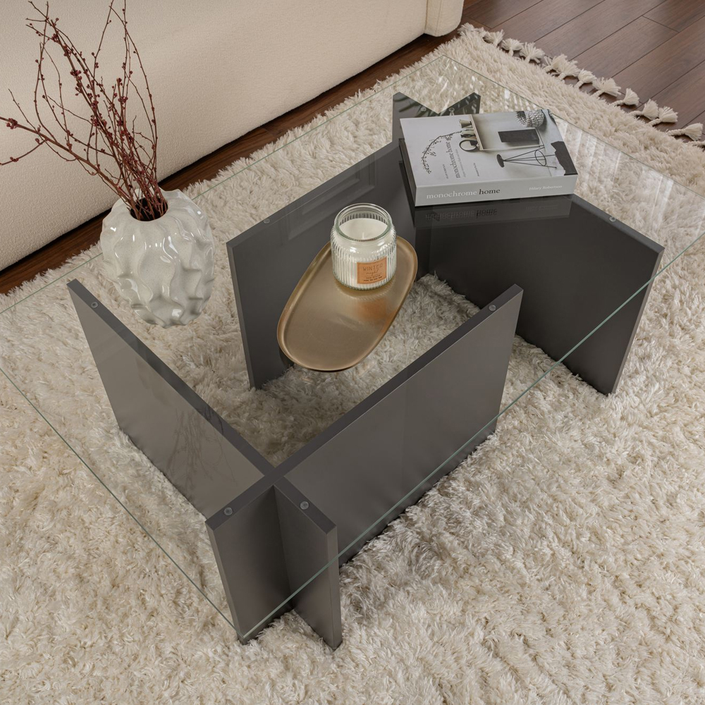 Vetrio Rectangular Clear Glass Coffee Table with Anthracite Wooden Base