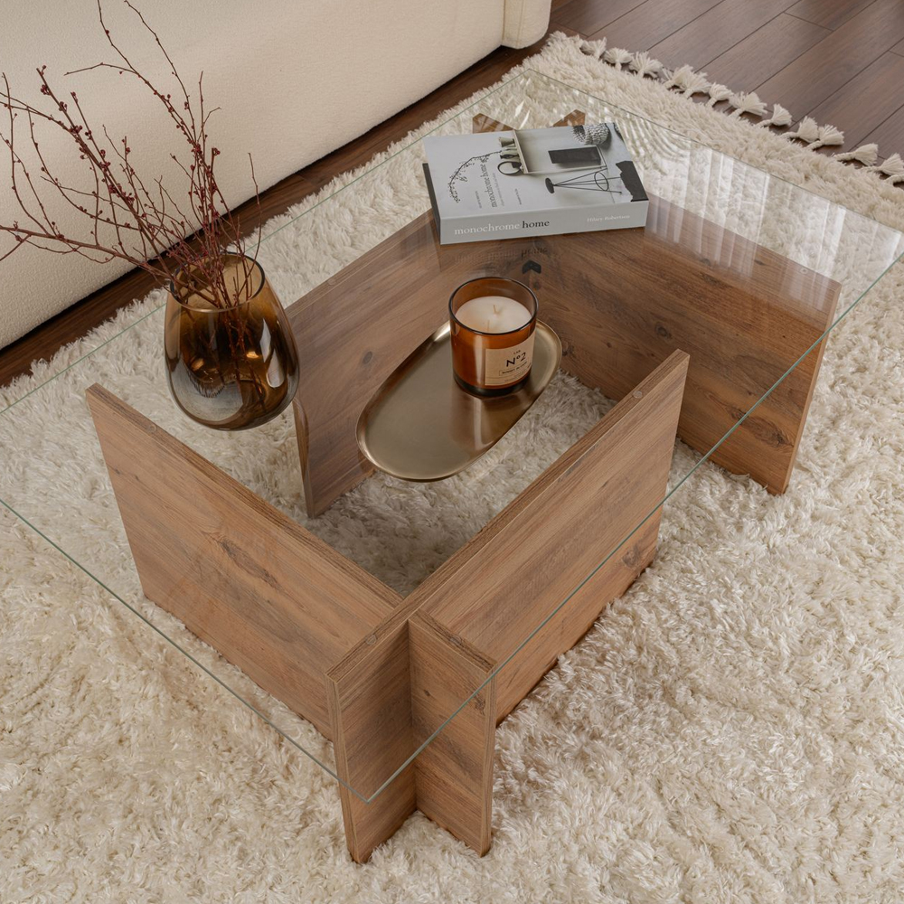 Vetrio Rectangular Clear Glass Coffee Table with Atlantic Pine Wooden Base