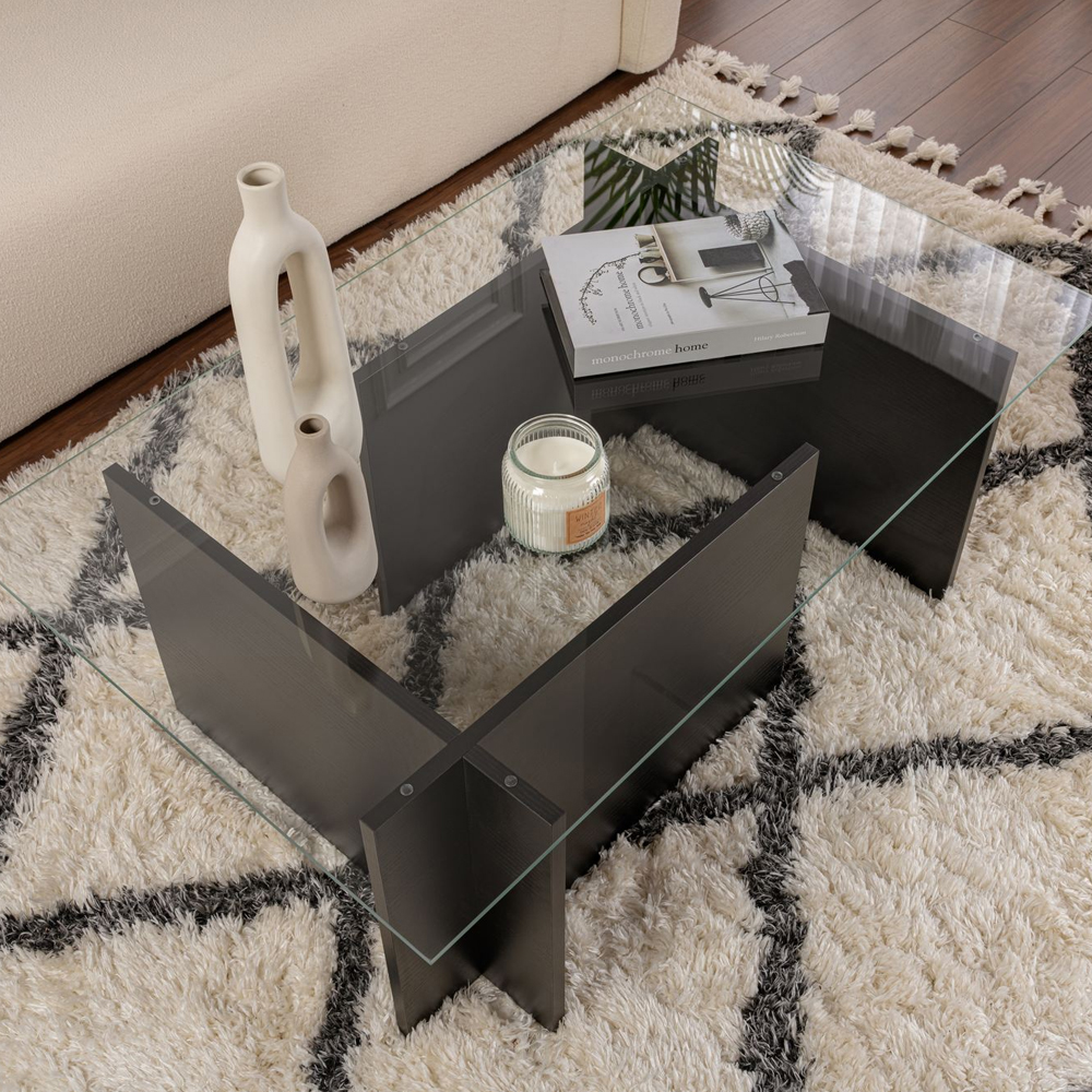 Vetrio Rectangular Clear Glass Coffee Table with Black Wooden Base