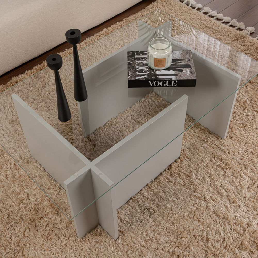 Vetrio Rectangular Clear Glass Coffee Table with Grey Wooden Base