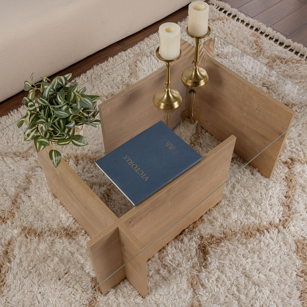 Vetrio Rectangular Clear Glass Coffee Table with Honey Oak Wooden Base