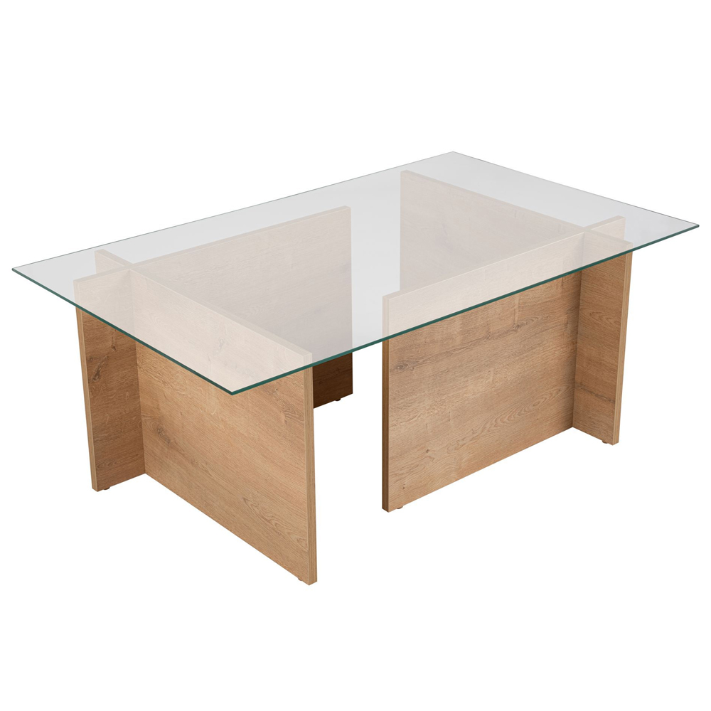 Vetrio Rectangular Clear Glass Coffee Table with Honey Oak Wooden Base