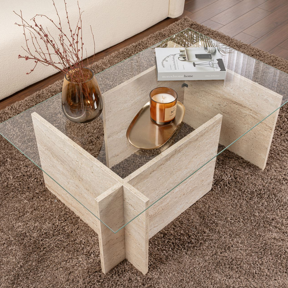 Vetrio Rectangular Clear Glass Coffee Table with Travertine Marble Effect Wooden Base