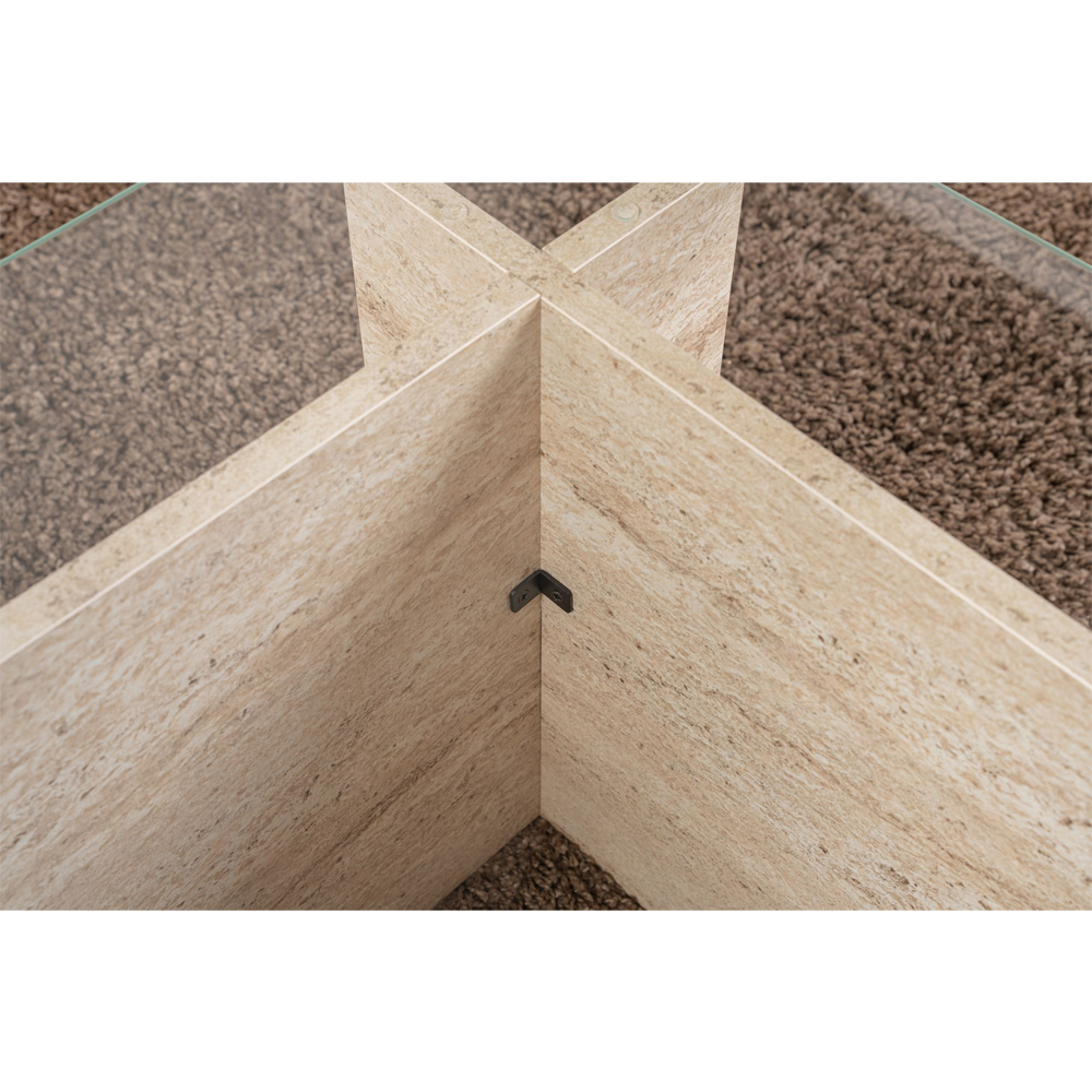 Vetrio Rectangular Clear Glass Coffee Table with Travertine Marble Effect Wooden Base
