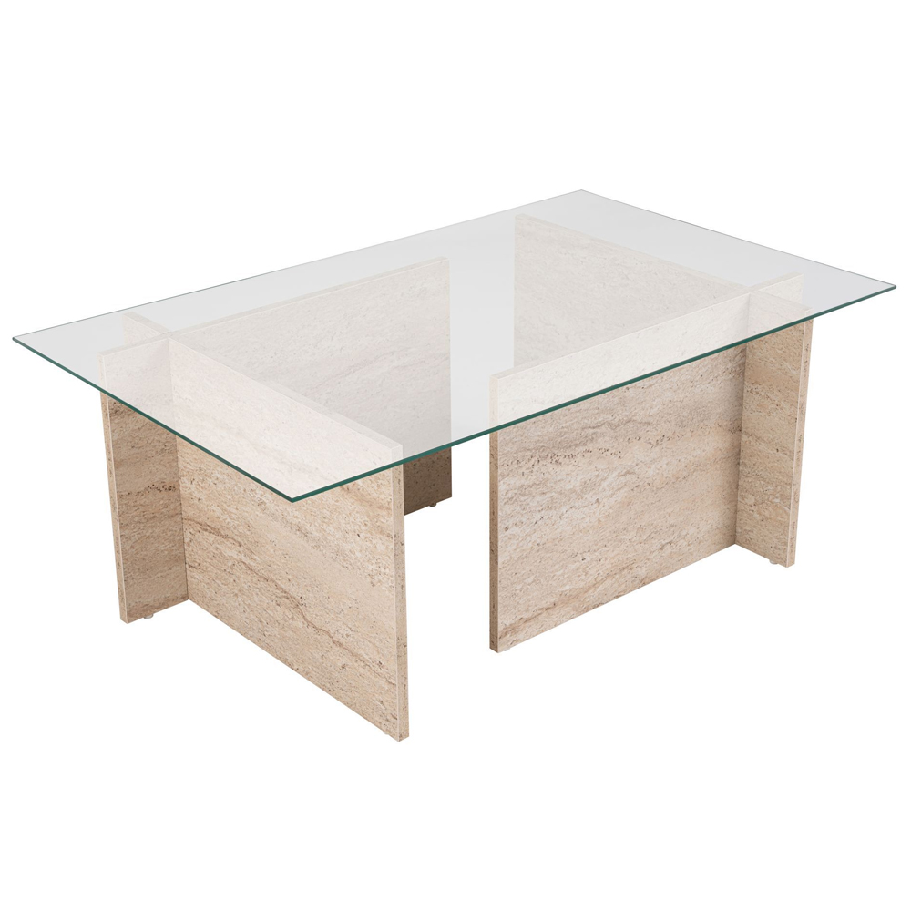 Vetrio Rectangular Clear Glass Coffee Table with Travertine Marble Effect Wooden Base